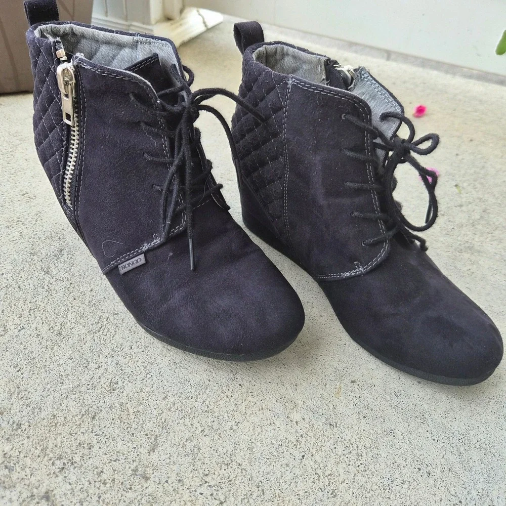 Bongo Kedzie Women Black Wedge Ankle Boots Quilted Lace Up Side Zip 8M Boho Punk